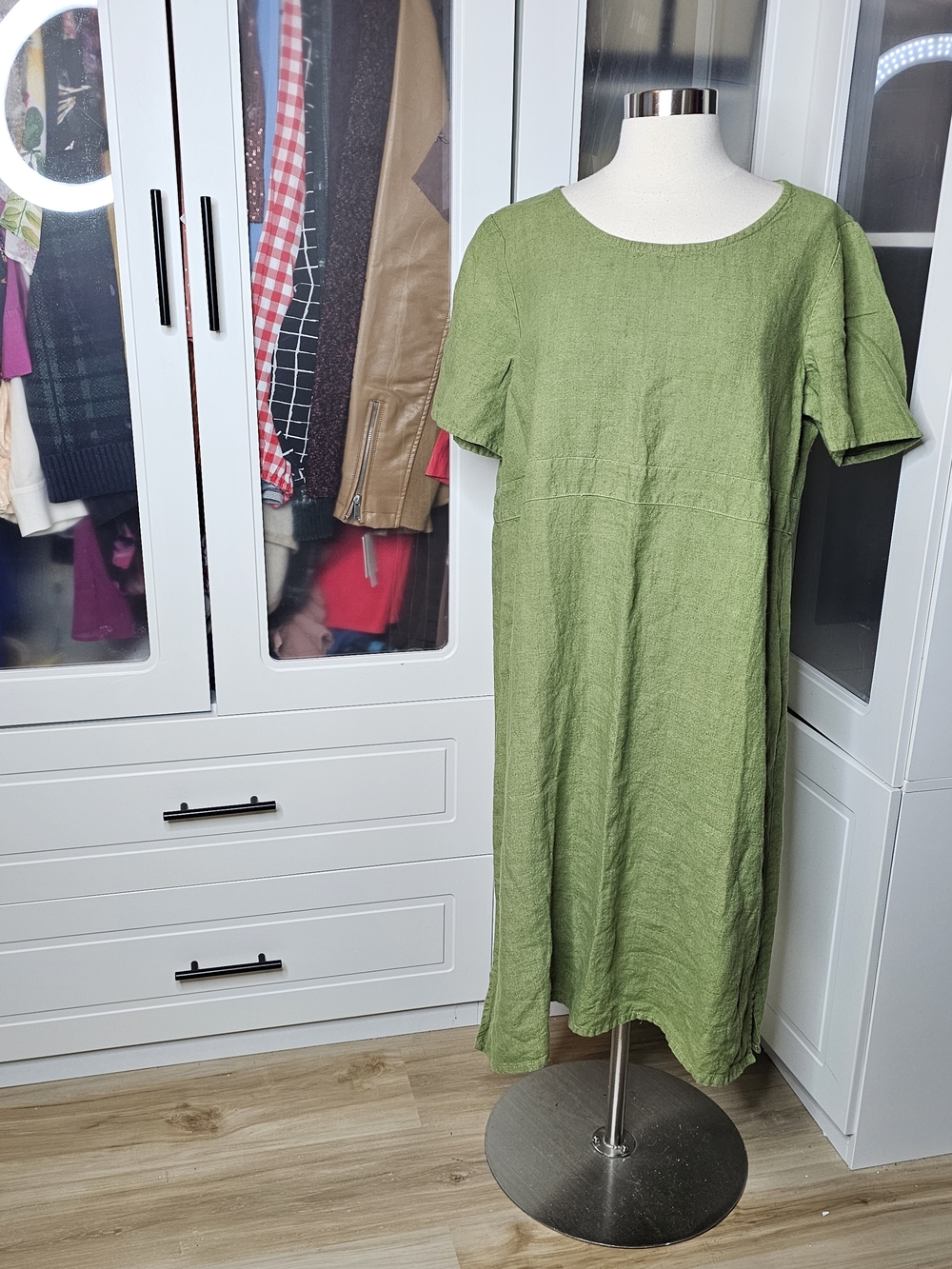 Eileen FISHER Green Short-Sleeve Linen Blend Midi Dress